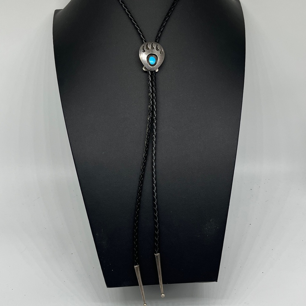 Sterling silver Turquoise Native American Bear Paw Bolo Tie - Picture 4 of 10
